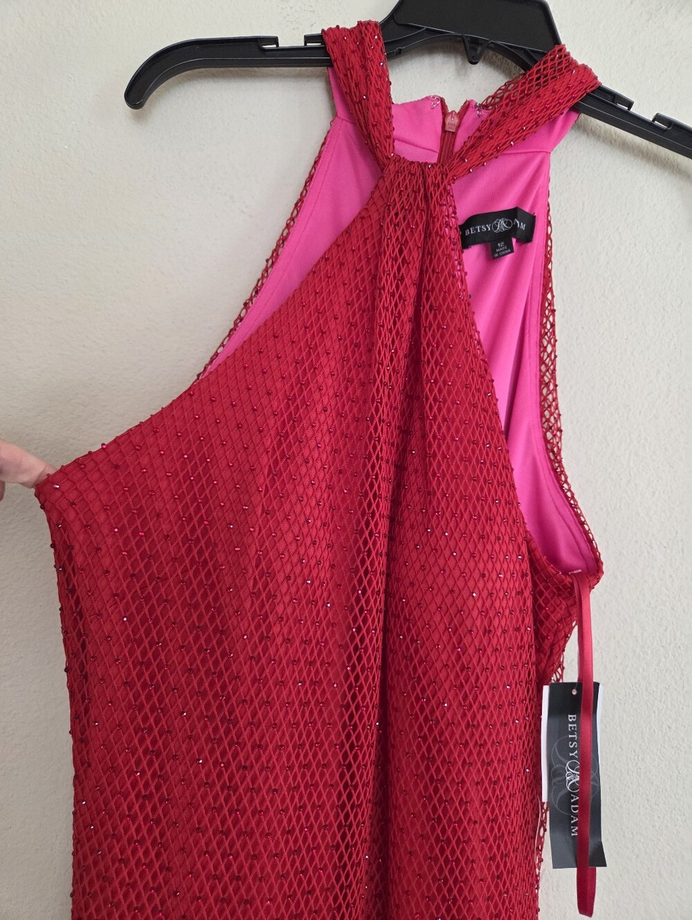 Betsy & Adam Red Mesh Rhinestone Halter Sleeveless Sheath Gown Size 12 NWT $380 - Picture 4 of 9